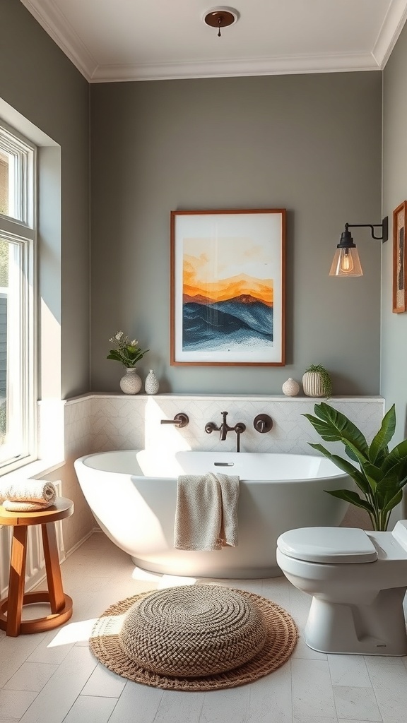 A cozy bathroom featuring a bathtub, mood-enhancing artwork, and natural light.