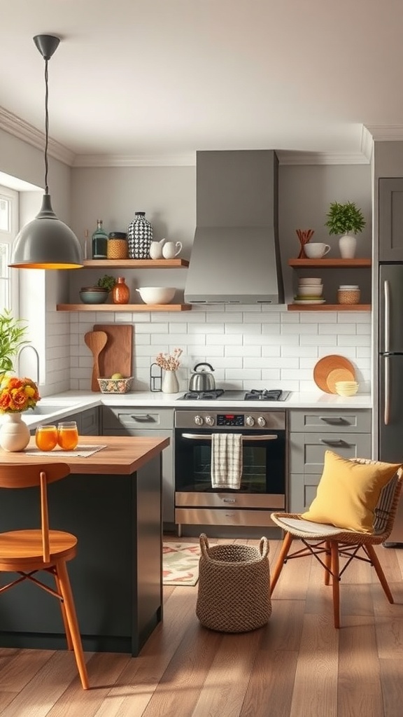 A cozy kitchen with gray cabinets, warm wood accents, and colorful decor.