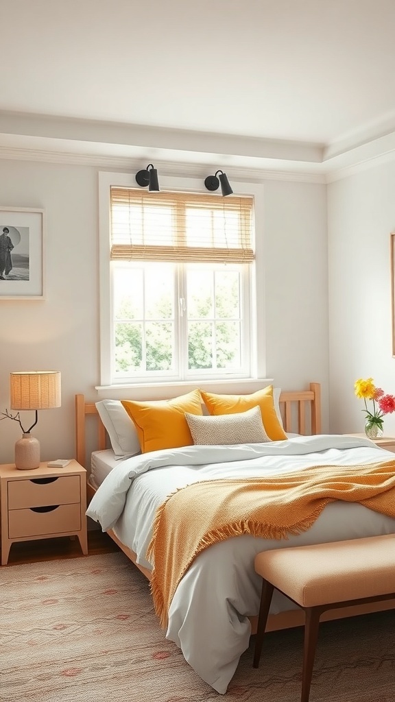 A warm and inviting bedroom with yellow accent pillows and a throw blanket, light wood furniture, and a cozy atmosphere.