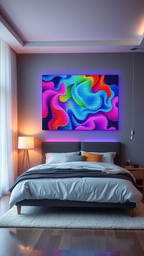 A colorful LED wall art piece displayed above a bed in a modern bedroom.