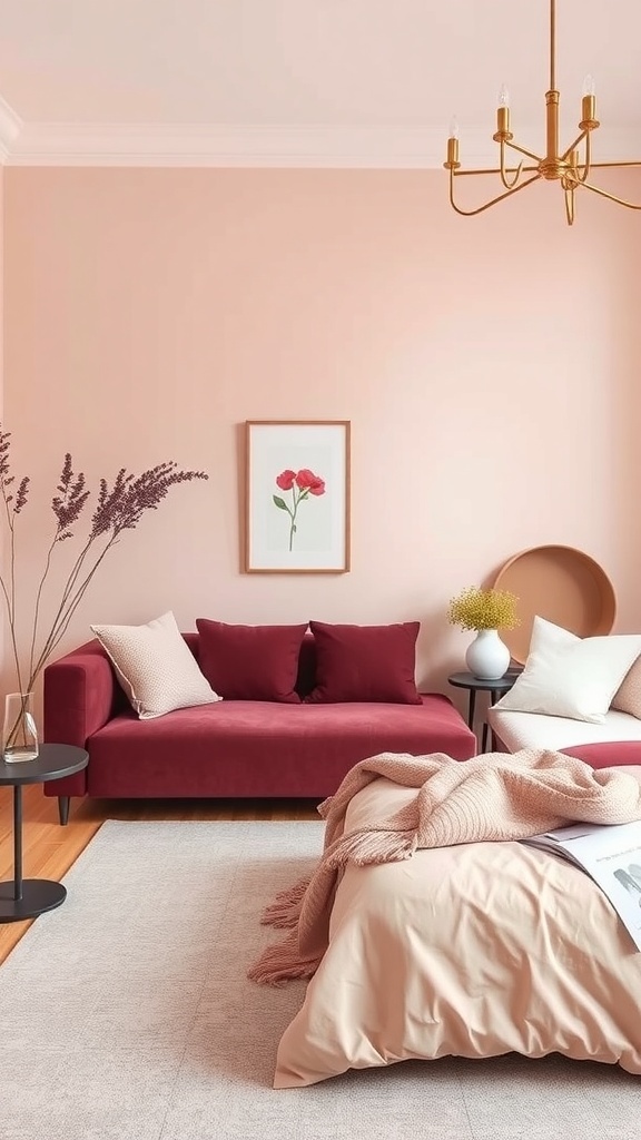 A cozy bedroom featuring a blush pink wall, burgundy sofa, and soft bedding, creating a romantic atmosphere.