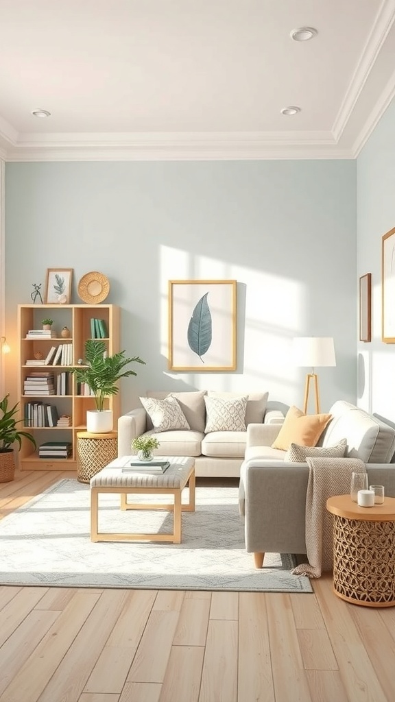 Cozy reading room with light blue walls, natural wood furniture, and plants