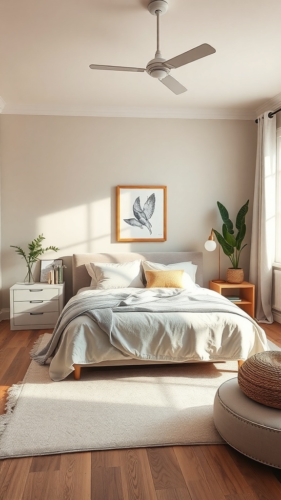 A cozy bedroom featuring neutral tones, soft bedding, and a green plant.