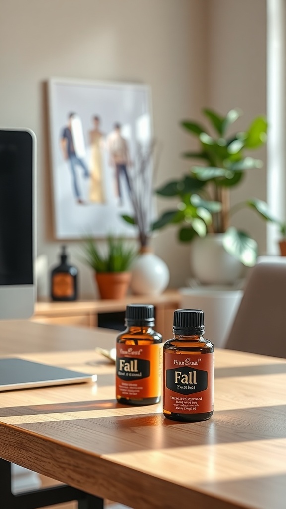 Two bottles of essential oils labeled 'Fall' on a wooden desk with plants and a computer in the background.