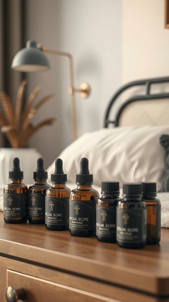 A collection of essential oils on a bedside table in a romantic goth bedroom setting.