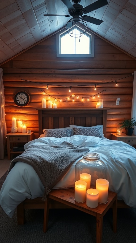 A cozy cabin bedroom with candles and warm lighting.