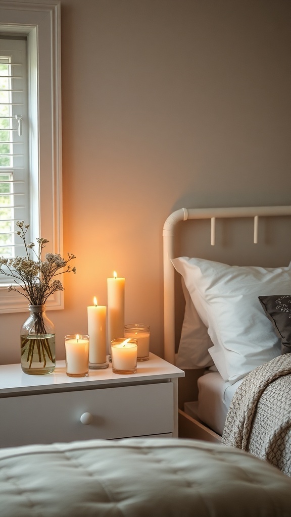 A cozy teen bedroom with scented candles on a bedside table, creating a warm atmosphere.