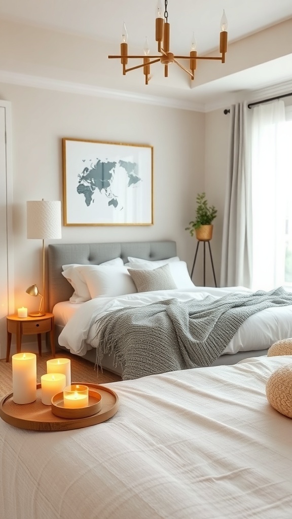 A cozy small master bedroom featuring candles, soft bedding, and a plant.
