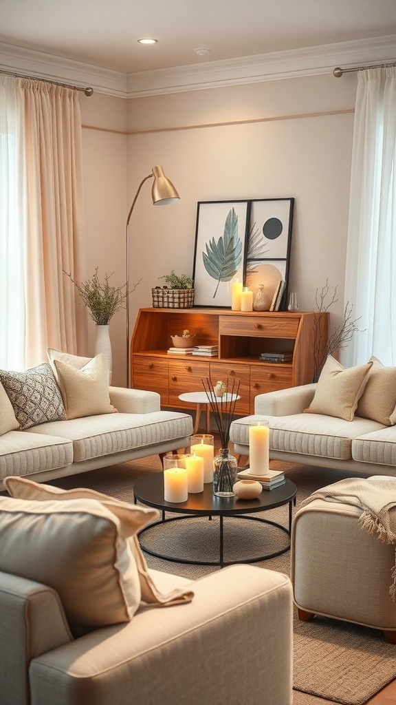 A cozy living room with soft lighting, candles on a table, and neutral-colored furniture.