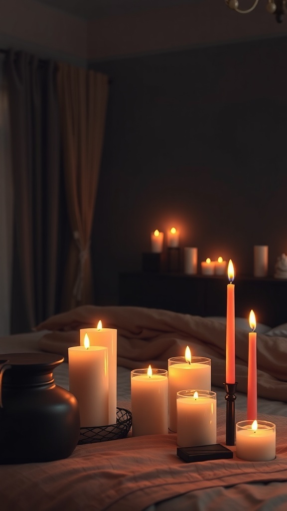 A dark romantic bedroom with candles lit on a bedside table, creating a warm and inviting atmosphere.