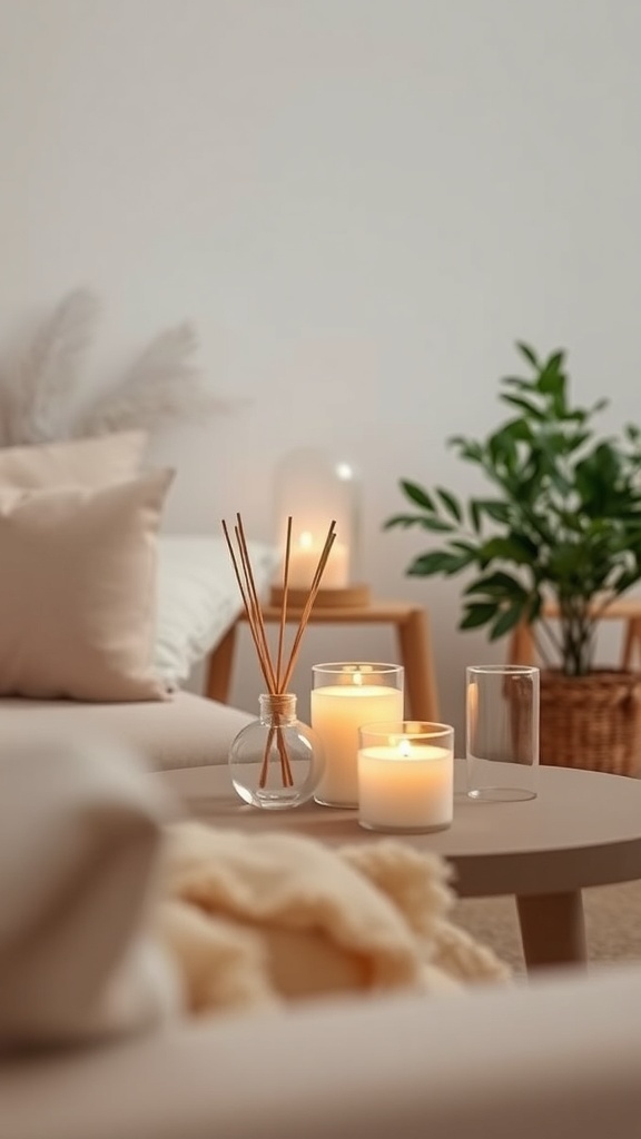 A cozy bedroom setup featuring candles and a diffuser on a table, creating a romantic atmosphere.