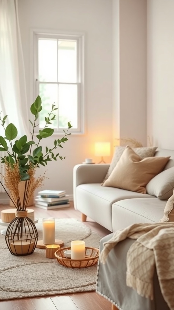A cozy room with soft lighting, plants, and candles, creating a warm atmosphere.