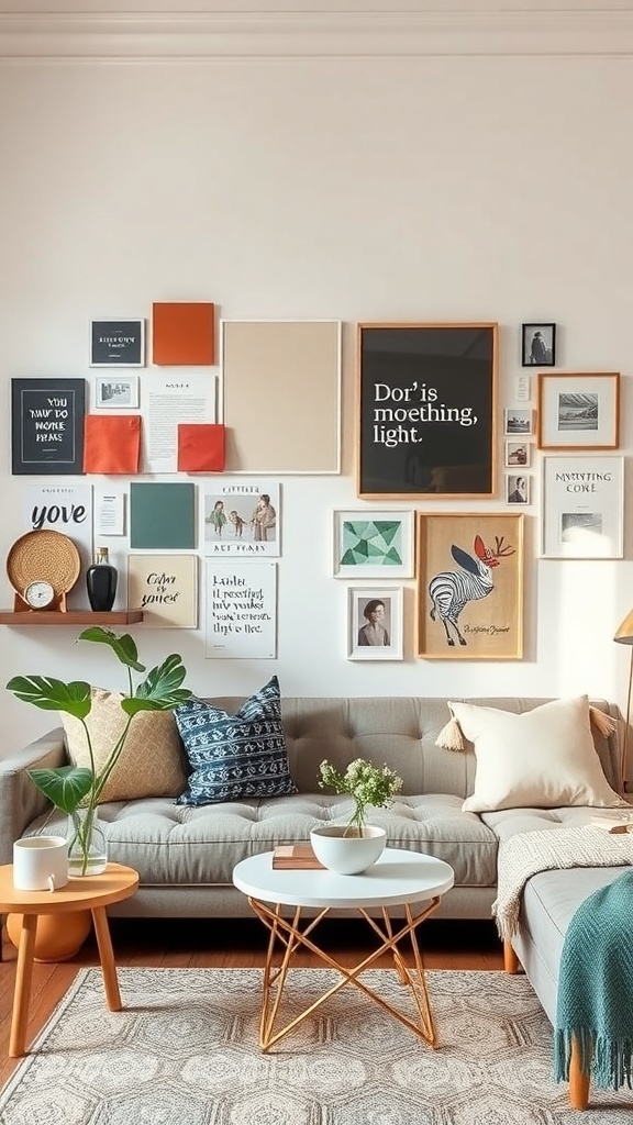 A cozy living room with a mood board collage on the wall, featuring various framed artworks and quotes.