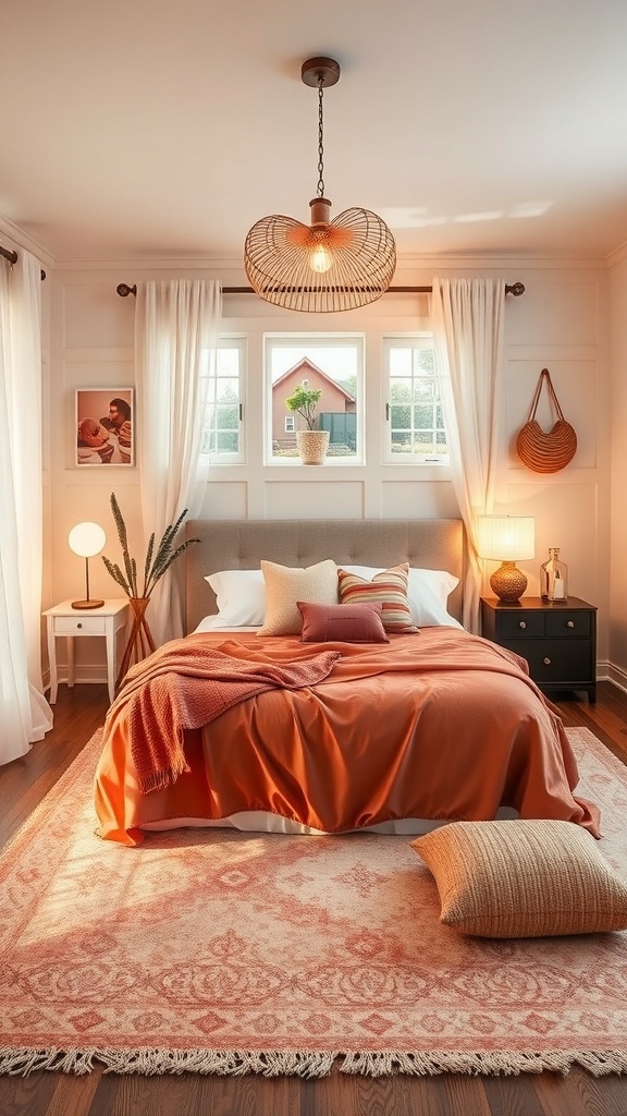 A cozy romantic bedroom featuring warm orange bedding, soft pillows, a unique pendant light, and natural light filtering through sheer curtains.