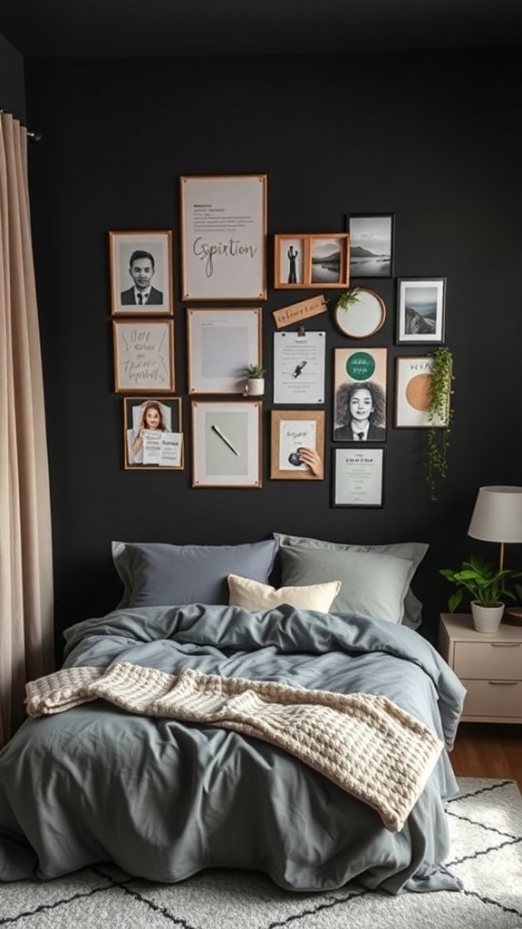 A dark teen bedroom featuring black walls, gray bedding, and a gallery wall of framed art.