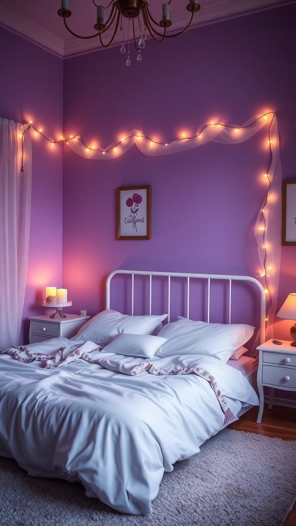 A cozy purple bedroom with fairy lights and candles creating a romantic atmosphere.