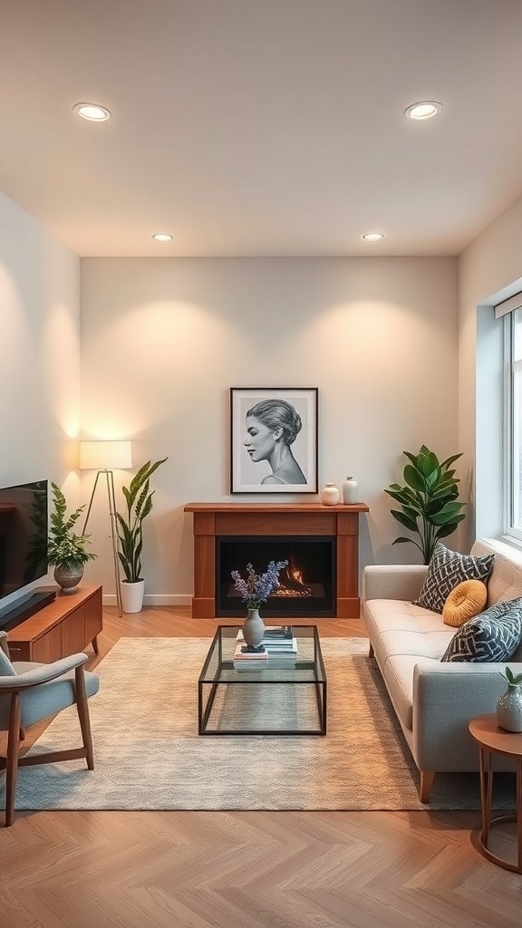 A cozy living room with mood lighting, featuring a fireplace, plants, and comfortable seating.