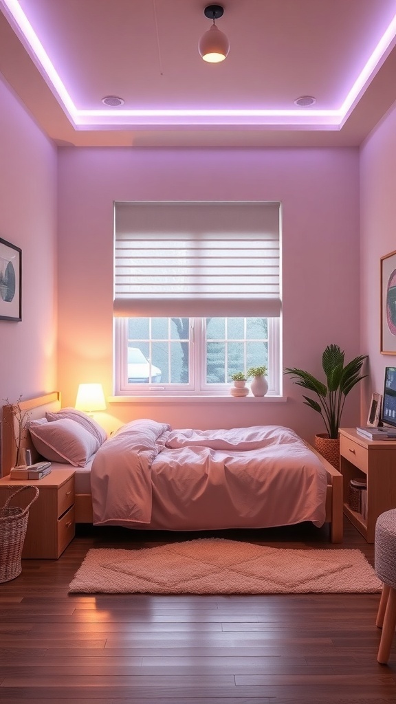 A cozy teen bedroom with purple mood lighting and warm bedside lamp.