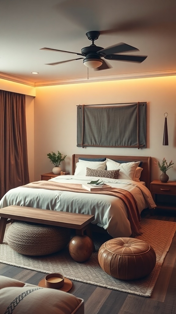 Cozy earthy bedroom with warm lighting and natural materials
