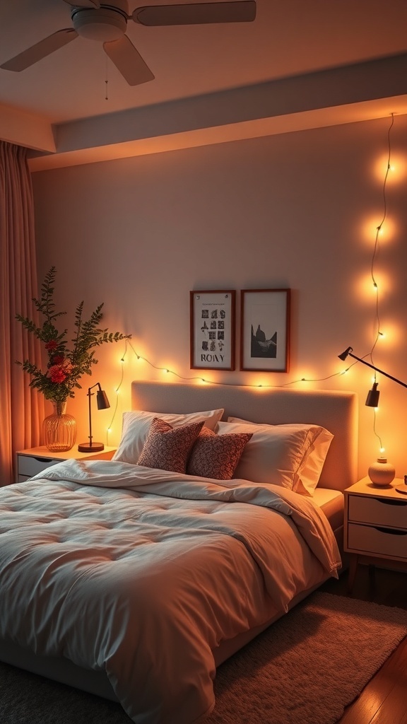 A cozy bedroom with warm mood lighting, featuring string lights, a stylish lamp, and a plant.