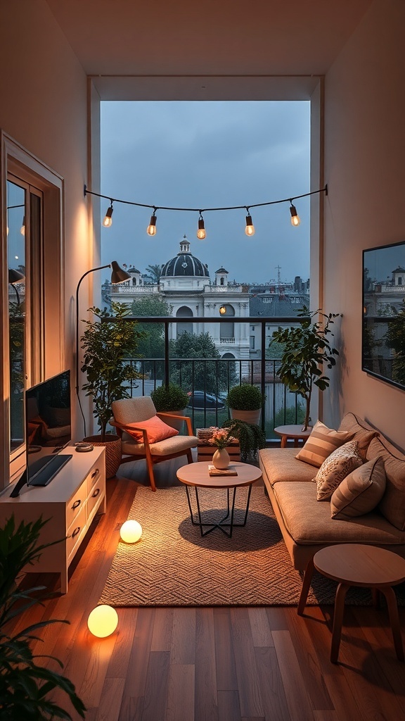A cozy balcony with string lights, plants, and comfortable seating, creating a warm and inviting atmosphere.