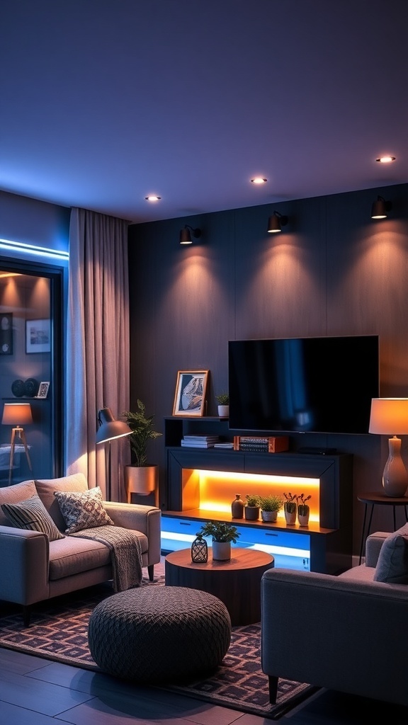 Cozy man cave with mood lighting, featuring a TV, comfortable seating, and decorative plants.