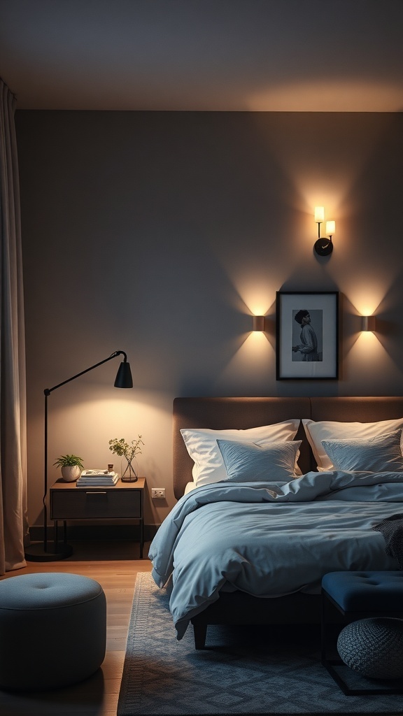 A dark modern bedroom with mood lighting, featuring wall sconces, a bedside lamp, and a stylish floor lamp.