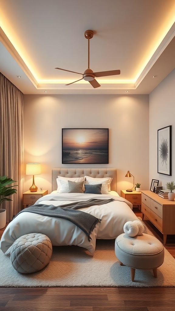 A luxury teen bedroom featuring mood lighting with warm tones, LED strip lights, and stylish lamps.