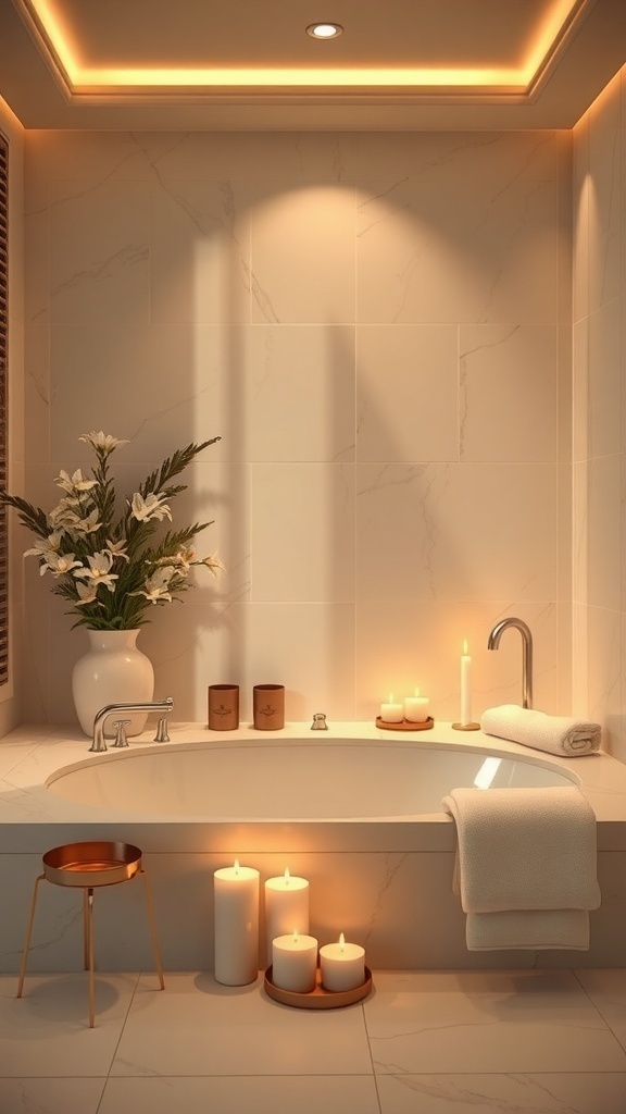A serene bathroom with warm lighting, candles, and flowers, creating a relaxing spa atmosphere.