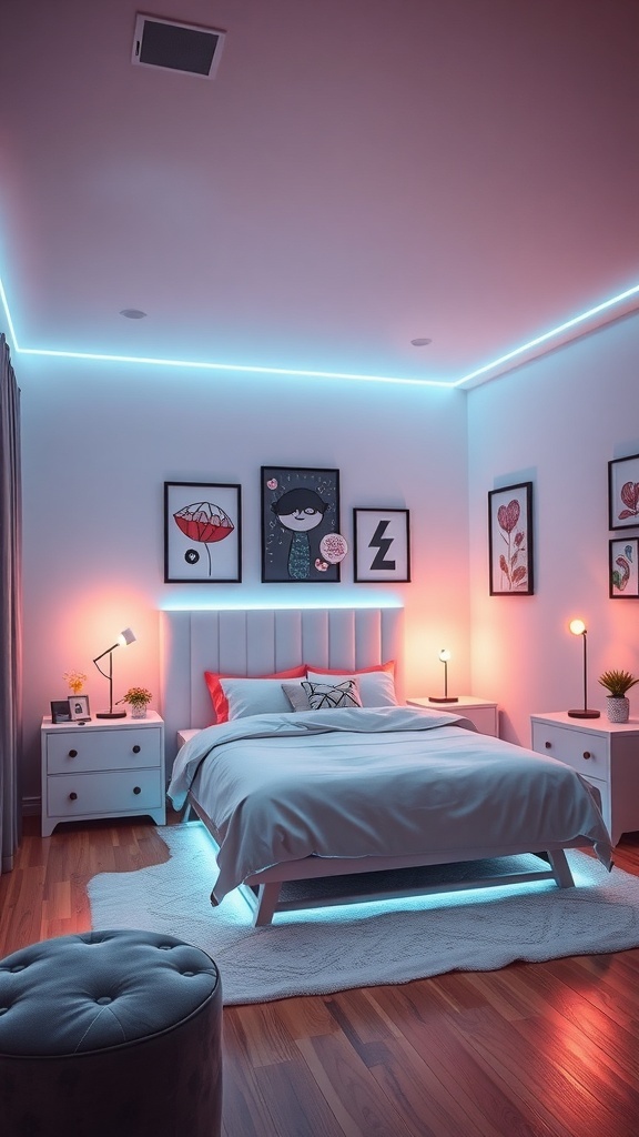 A modern teen bedroom with mood lighting, featuring LED strip lights, bedside lamps, and colorful artwork.