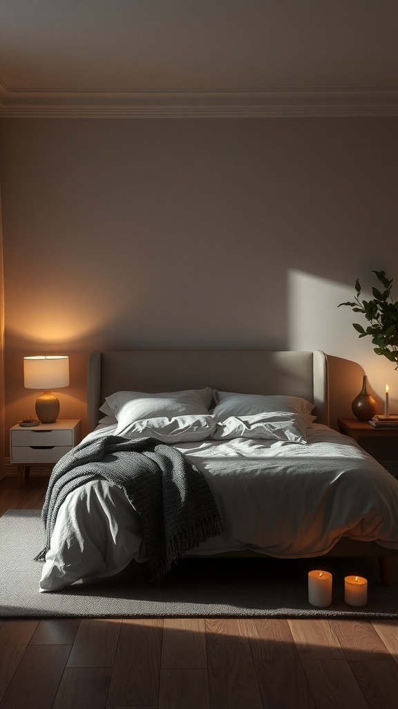 A cozy dark bedroom with soft lighting from a lamp and candles, creating a serene atmosphere.