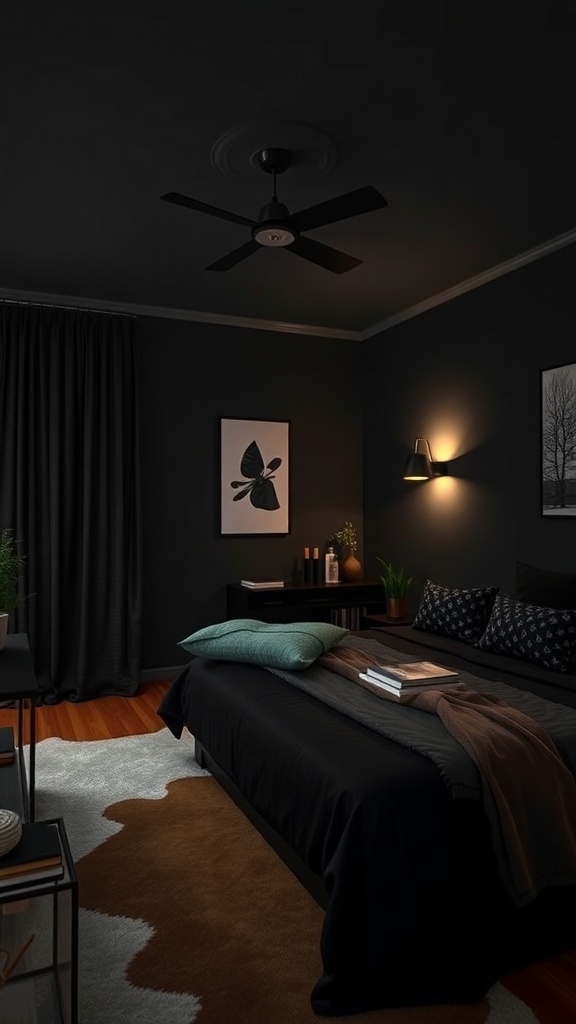 A black bedroom featuring a ceiling fan and wall light, with dark walls and warm lighting.