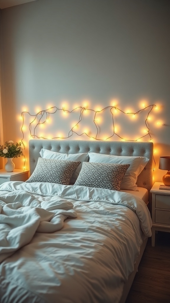 A cozy pink bedroom with fairy lights draped over the headboard, creating a warm and inviting atmosphere.