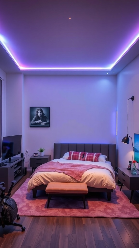 A cozy gamer bedroom with smart LED strips creating mood lighting in blue and purple.
