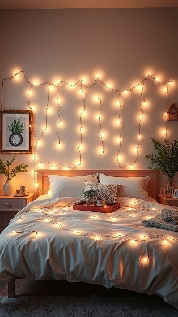 A cozy bedroom with string lights draped on the walls, a neatly made bed with a white comforter, and a decorative tray on the bed.