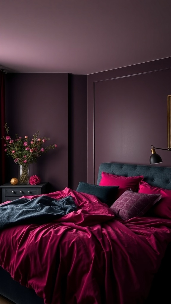 A dark romantic bedroom featuring deep purple walls, vibrant pink bedding, and a floral arrangement.