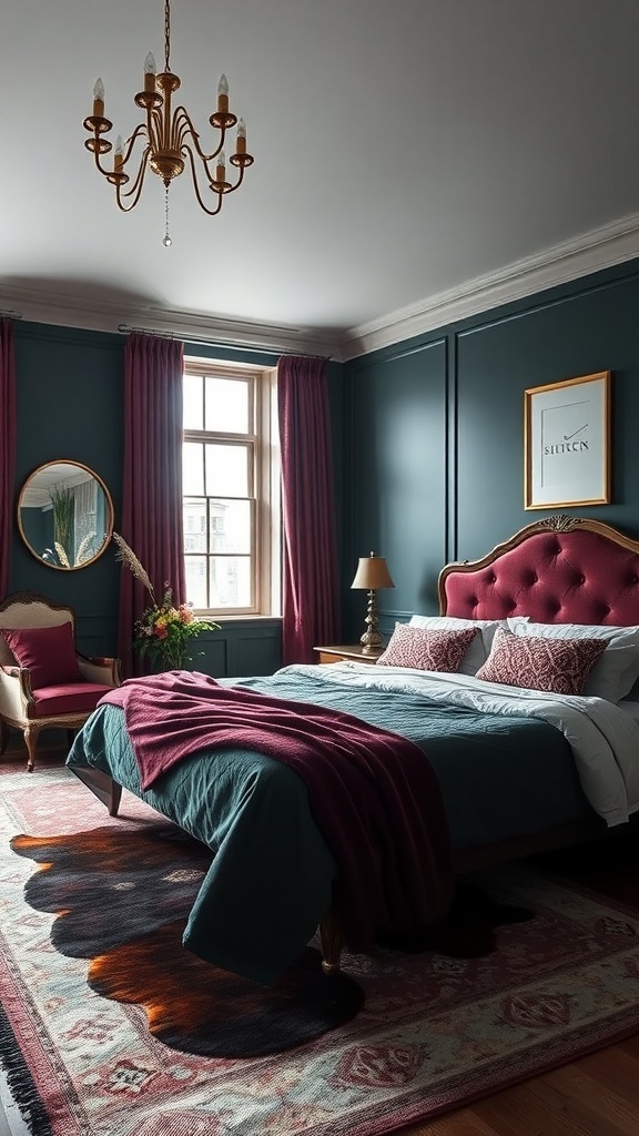 A dark feminine bedroom featuring teal walls, burgundy accents, and elegant decor.