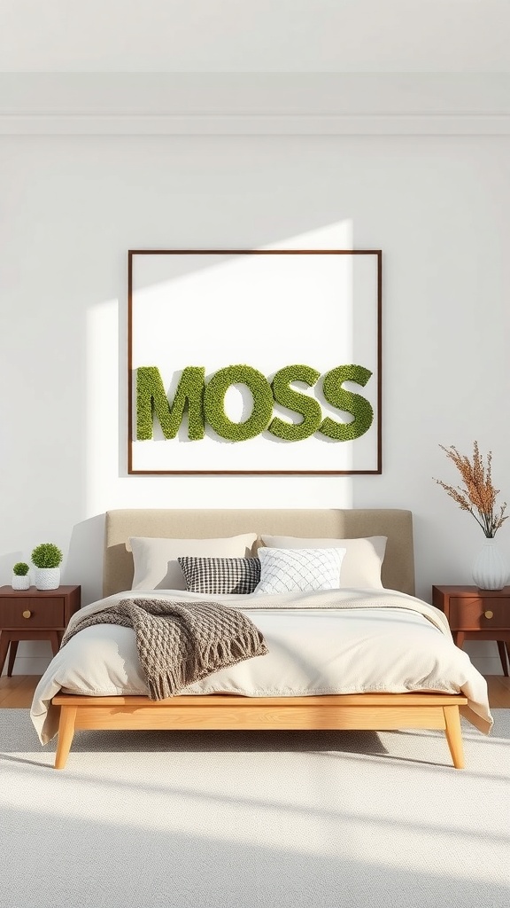 Moss art spelling 'MOSS' on a wall above a bed in a modern bedroom