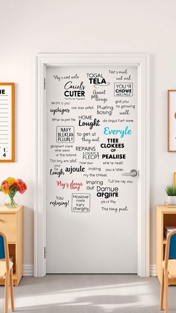 A classroom door decorated with motivational quotes in various fonts and styles.