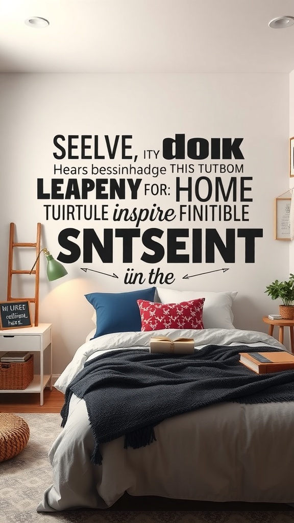 A cozy dorm room with motivational typography on the wall, featuring bold letters and a warm atmosphere.