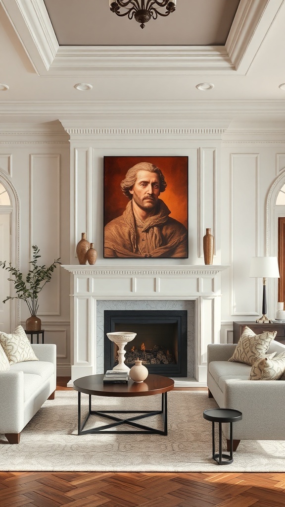 Elegant living room with wall moulding and a large painting above the fireplace.