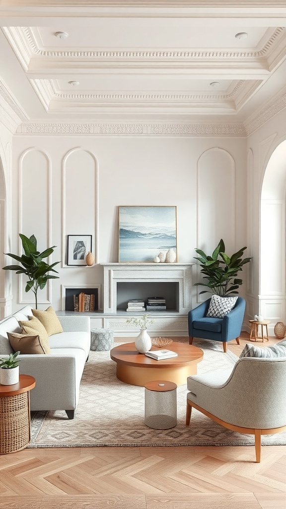 A stylish living room featuring elegant wall moulding and modern furniture.