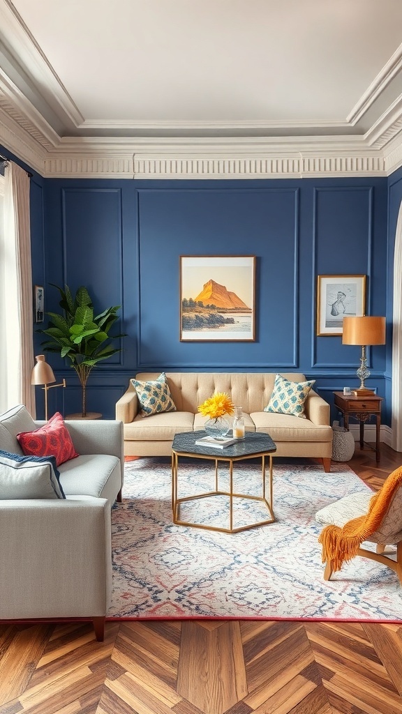 A living room featuring bold blue walls with white moulding, stylish furniture, and decorative accents.