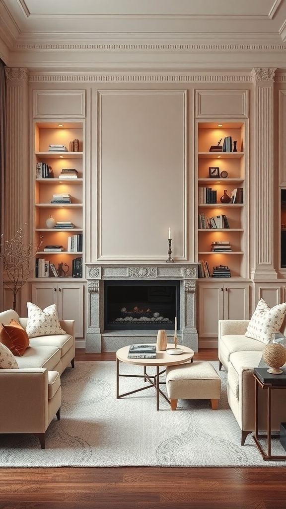 Living room with built-in shelves and elegant moulding