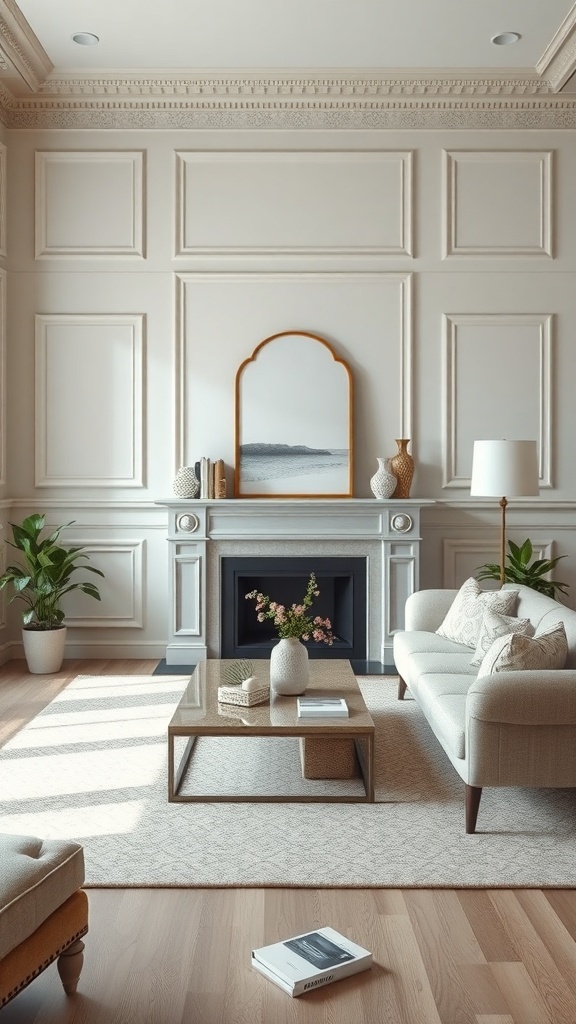 A stylish living room featuring elegant wall moulding, a fireplace, and tasteful decor.
