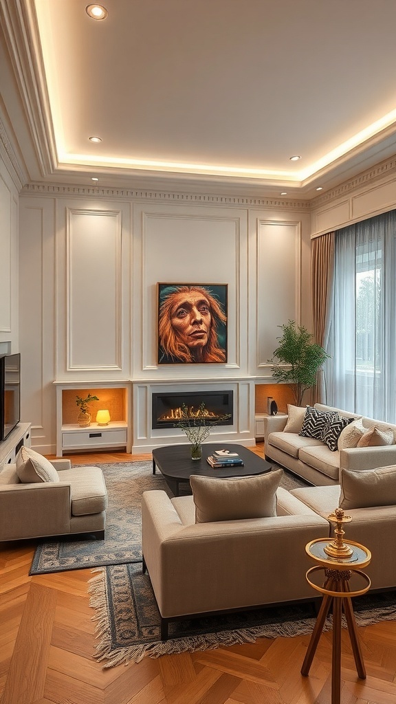 A stylish living room featuring wall moulding with integrated lighting, highlighting artwork and creating a cozy atmosphere.