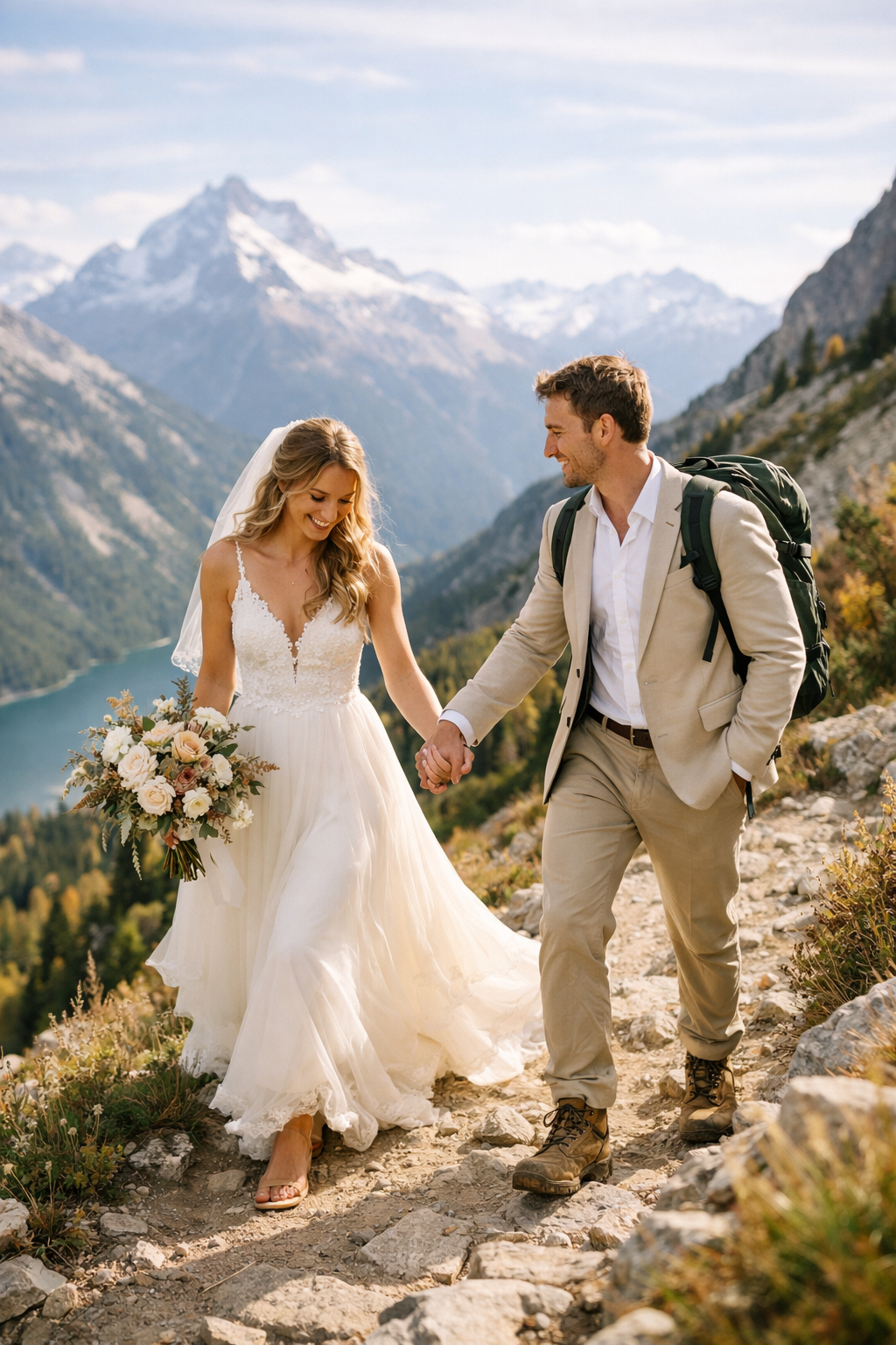 A couple walking hand in hand on a mountain path, with a scenic view in the background.