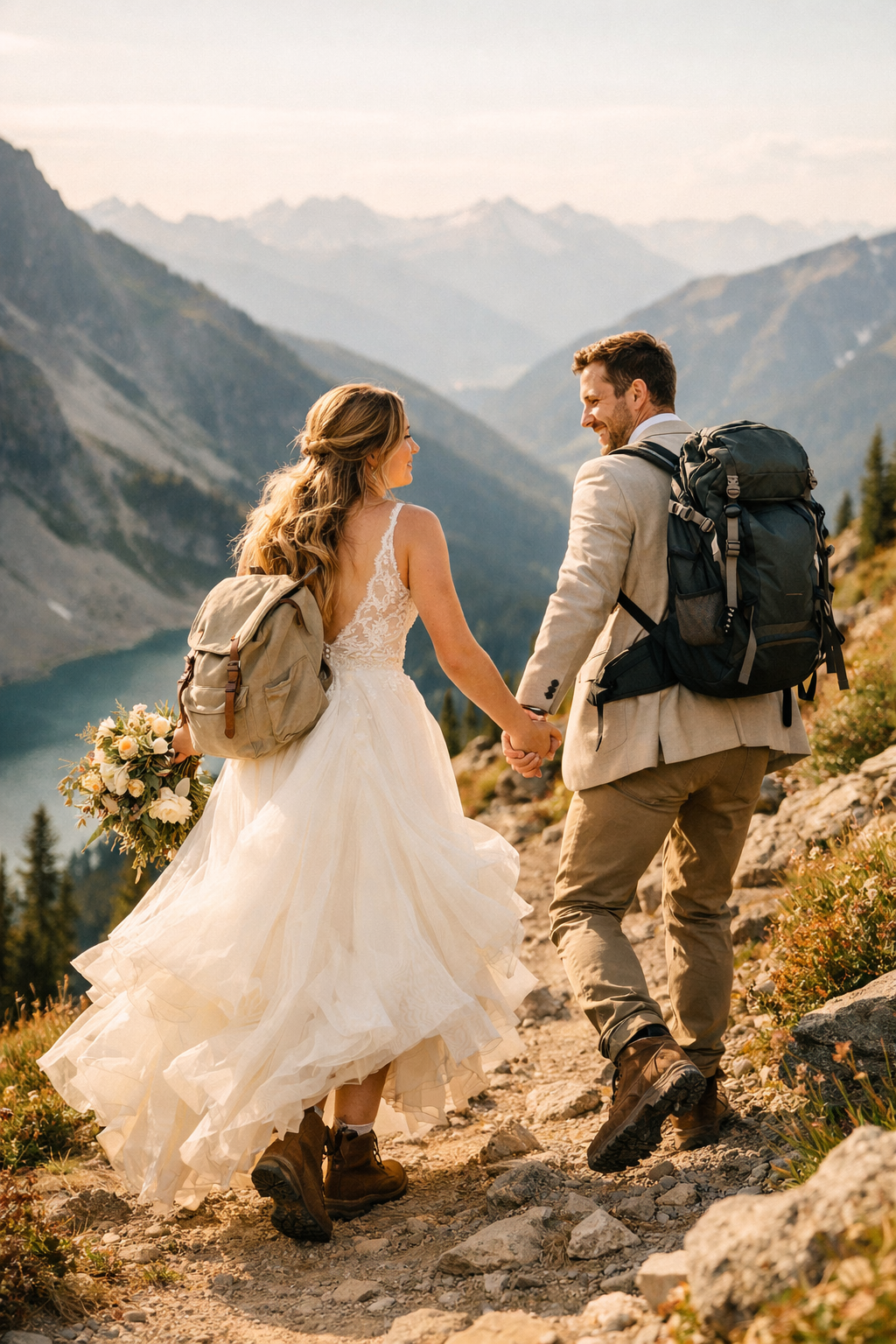 A couple holds hands on a mountain trail, surrounded by stunning peaks and a lake.