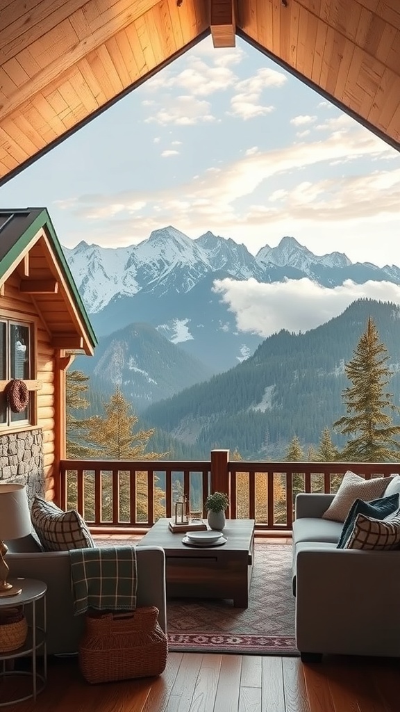 Cozy cabin with a view of mountains and trees