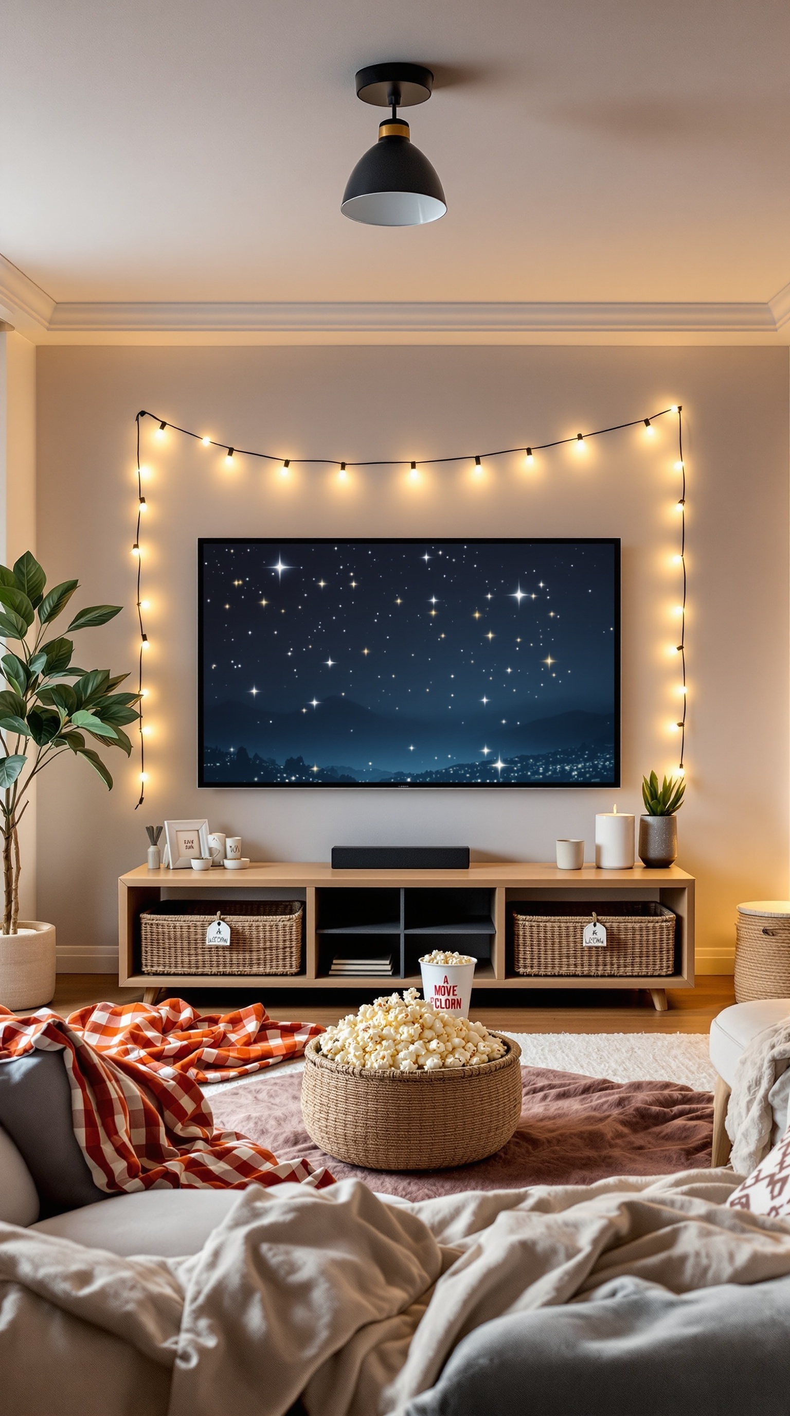 A cozy kids' TV room setup for movie night with popcorn, blankets, and string lights.